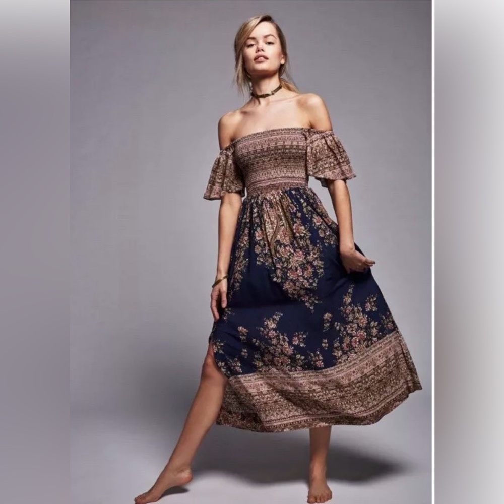 Free People Maxi Dress Louise Border Print Sz XS Women's Multicolor